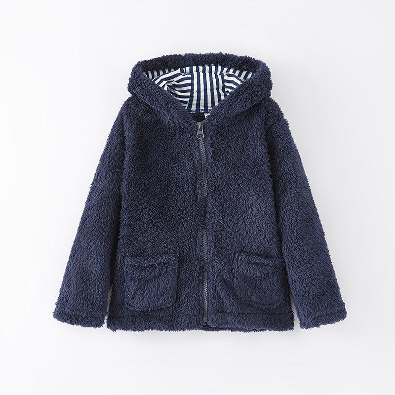 （In Stock L15-2-2）Girls Fall and Winter Bear Ears Dark Blue Fuzzy Coat