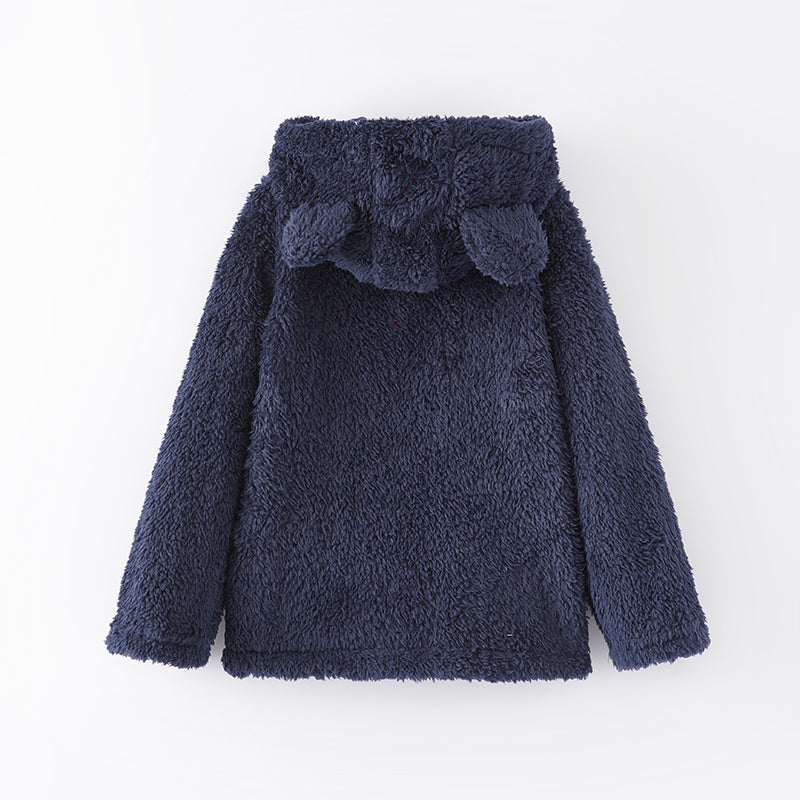 （In Stock L15-2-2）Girls Fall and Winter Bear Ears Dark Blue Fuzzy Coat