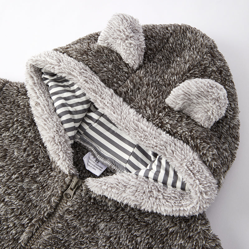 （In Stock L15-1-2）Girls Fall and Winter Bear Ears Grey Fuzzy Coat