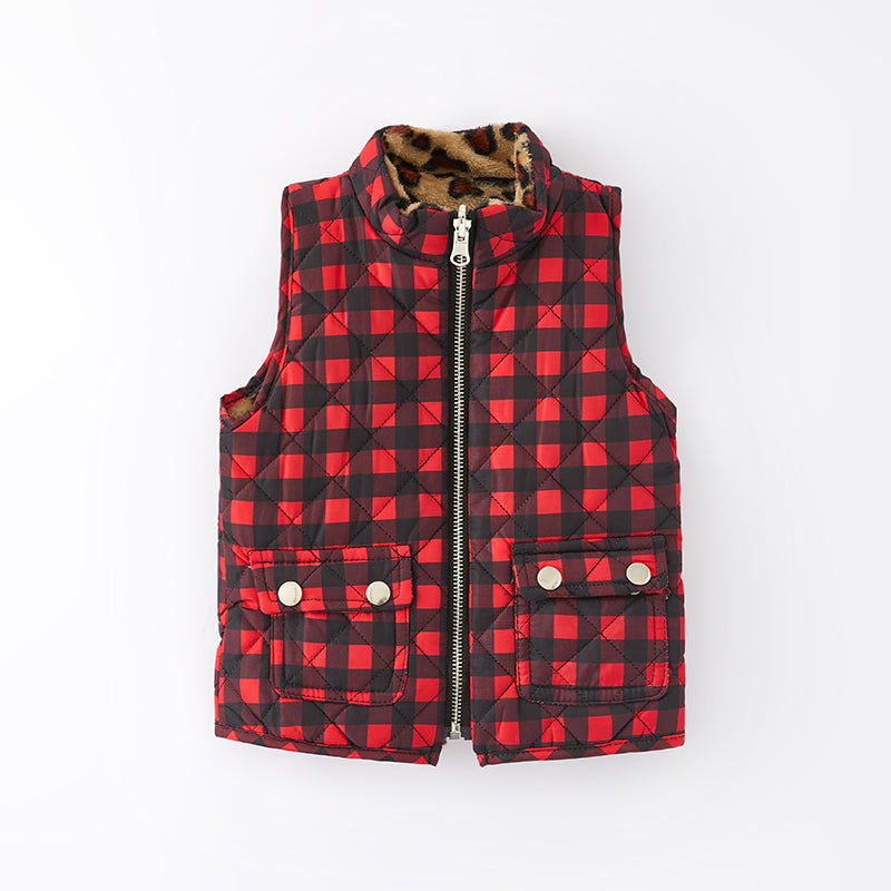 （In Stock L15-2-1）Girls Fall Red Plaid Reversible Vest