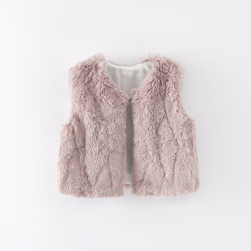 （In Stock G5-3-1）Girls Fall Smoky Pink Faux Fur Vest