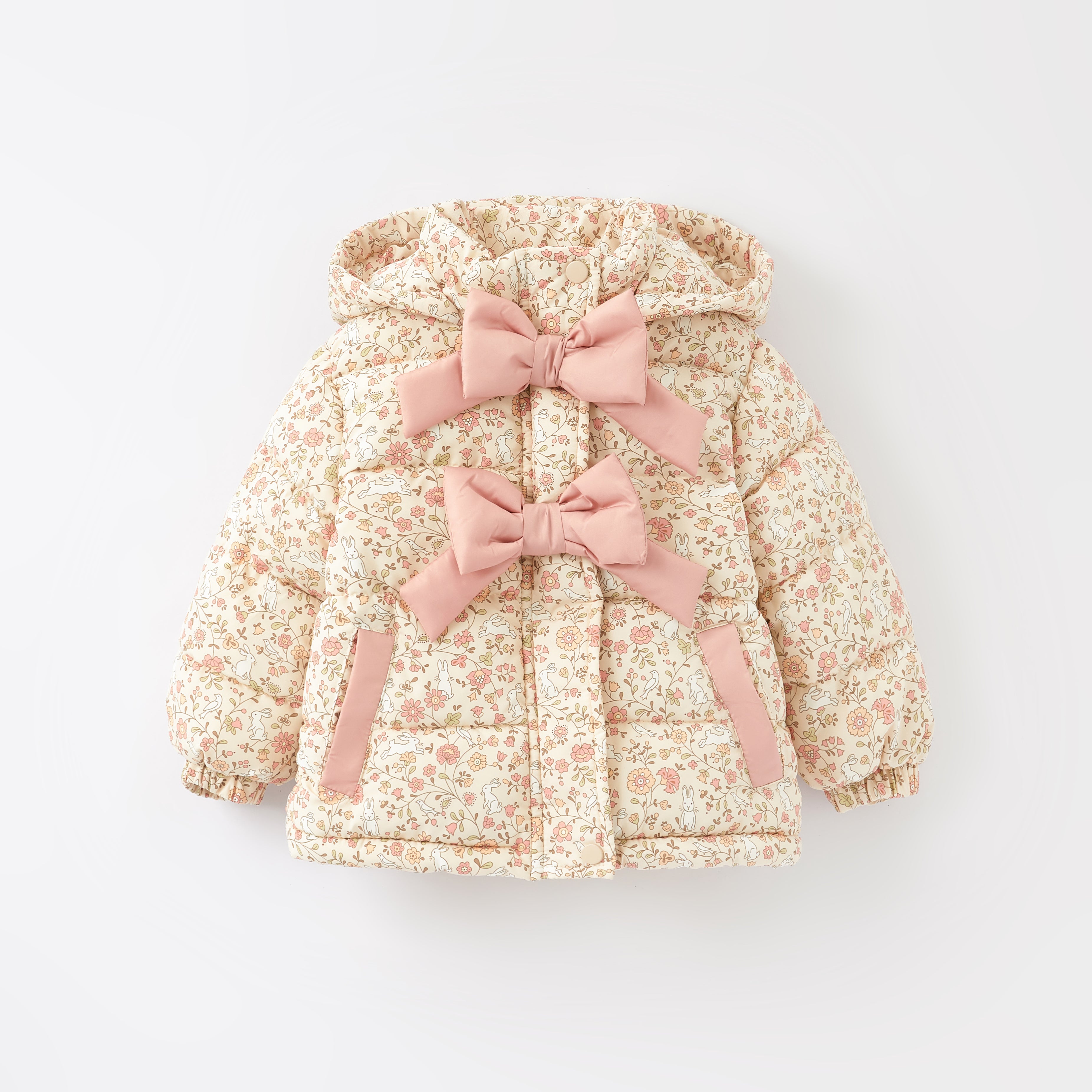 （Pre Order）Adorable Floral Winter Coats with Oversized Bows for Little Girls