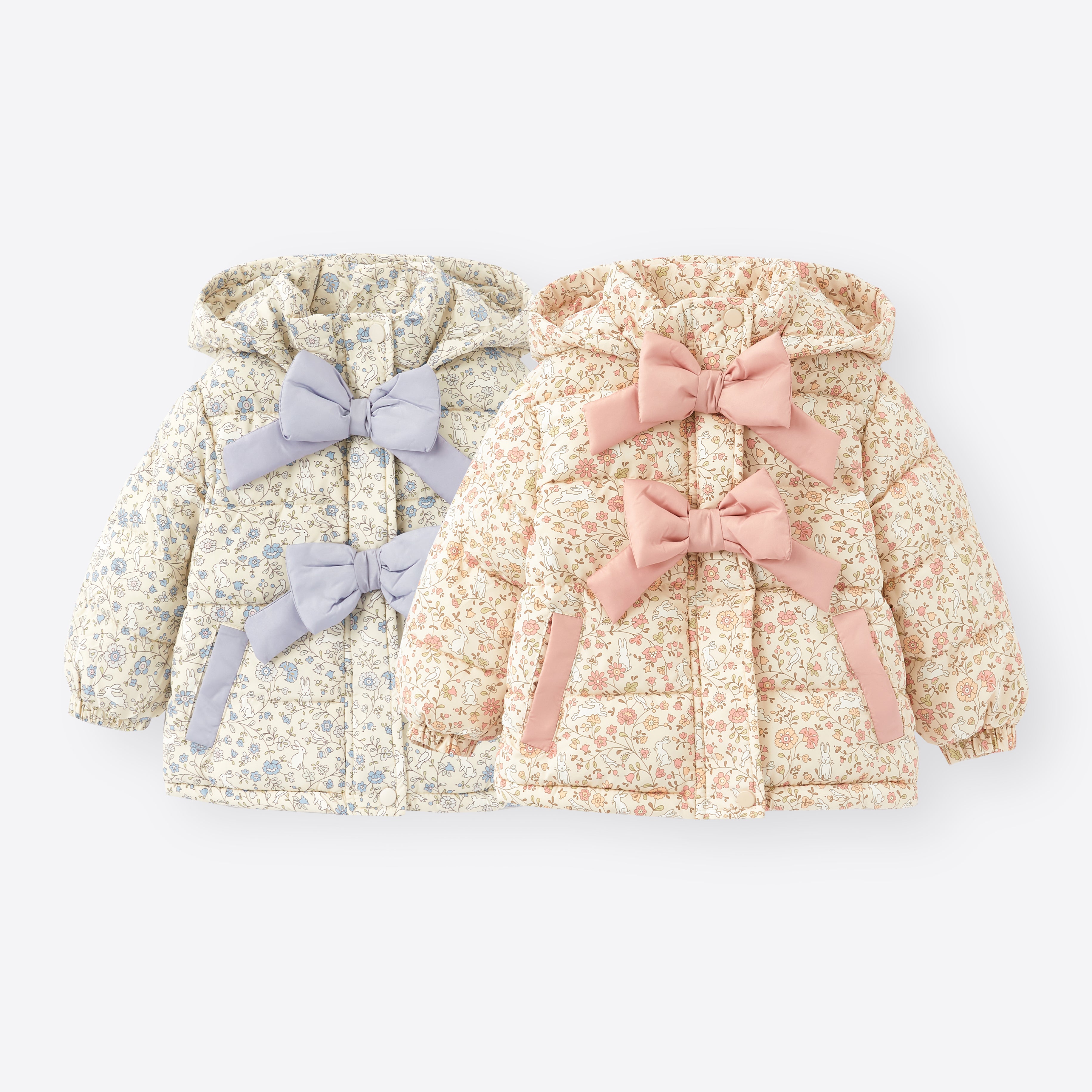 （Pre Order）Adorable Floral Winter Coats with Oversized Bows for Little Girls