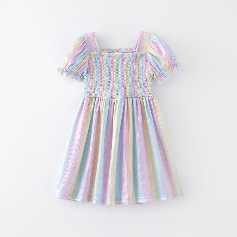 （In Stock A1-4-1）Girls Spring Rainbow Laser Smock Dress