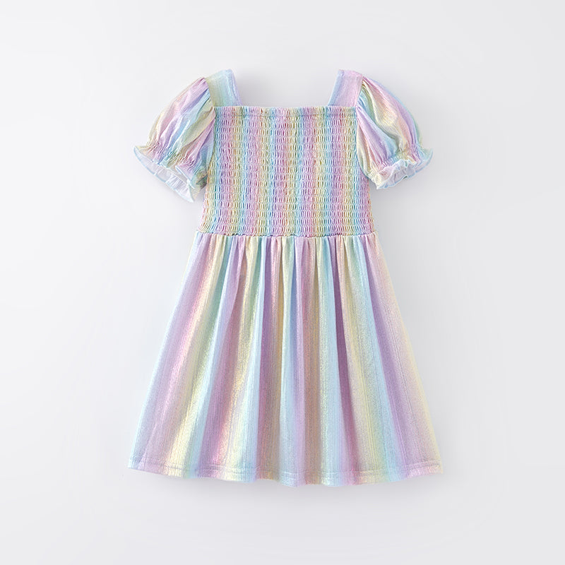 （In Stock A1-4-1）Girls Spring Rainbow Laser Smock Dress