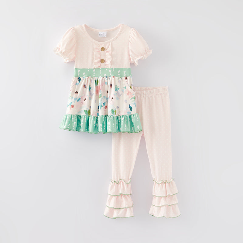 （In Stock E29-5-1）Girls Spring Pink Floral Print Outfit Set