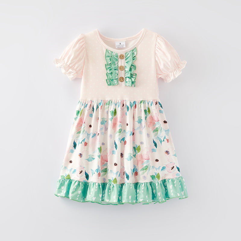 （In Stock E30-5-3）Girls Spring Pink Floral Print Milk Silk Dress