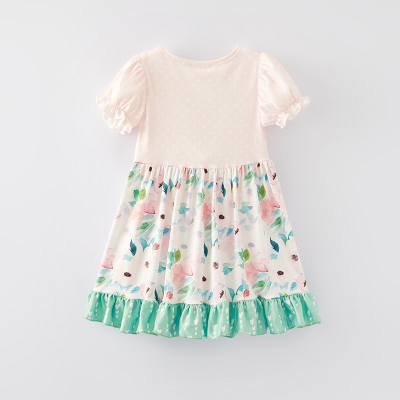 （In Stock E30-5-3）Girls Spring Pink Floral Print Milk Silk Dress