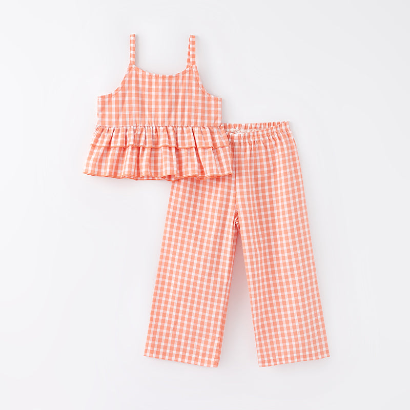 （In Stock E24-2-2）Girls Spring Coral Plaid Cotton Outfit Set