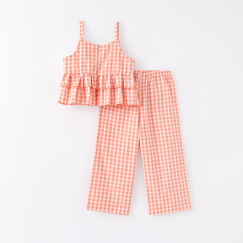 （In Stock E24-2-2）Girls Spring Coral Plaid Cotton Outfit Set