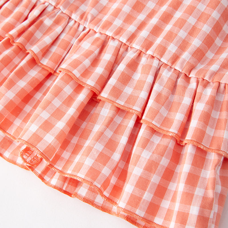 （In Stock E24-2-2）Girls Spring Coral Plaid Cotton Outfit Set