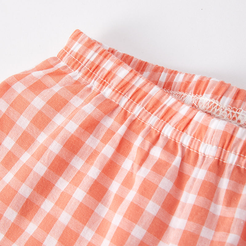 （In Stock E24-2-2）Girls Spring Coral Plaid Cotton Outfit Set