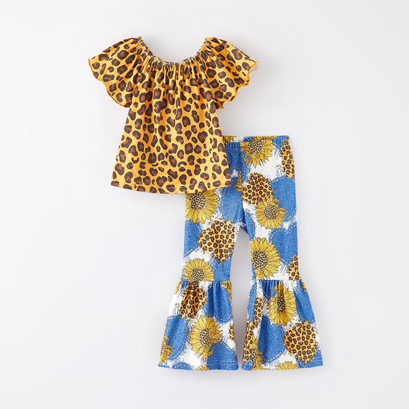 （In Stock E24-3-2）Girls Spring Leopard Sunflower Print Outfit Set