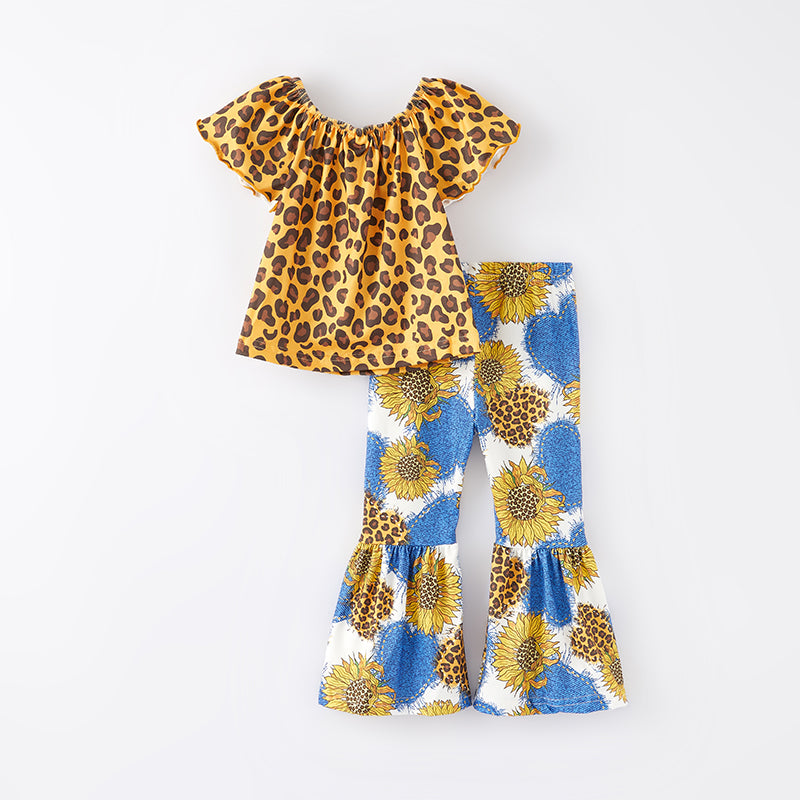 （In Stock E24-3-2）Girls Spring Leopard Sunflower Print Outfit Set