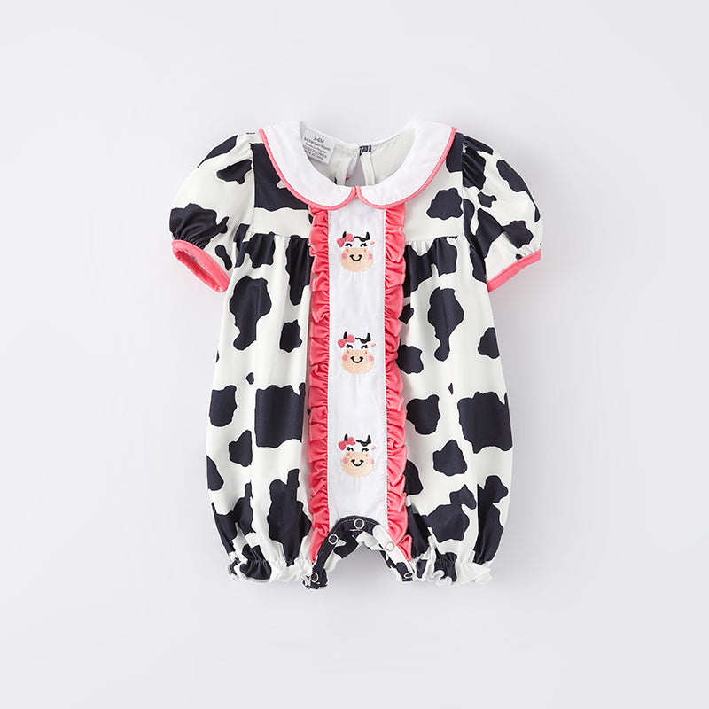 （In Stock E14-2-2）Baby Girls Spring Cow Embroidery Romper