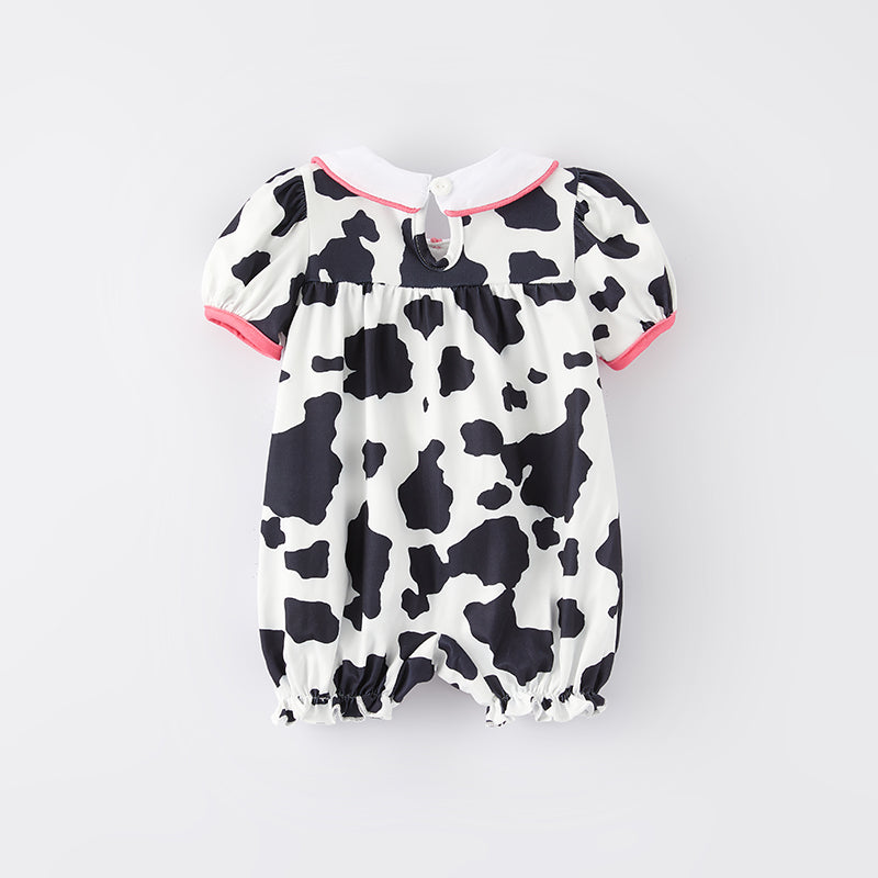 （In Stock E14-2-2）Baby Girls Spring Cow Embroidery Romper