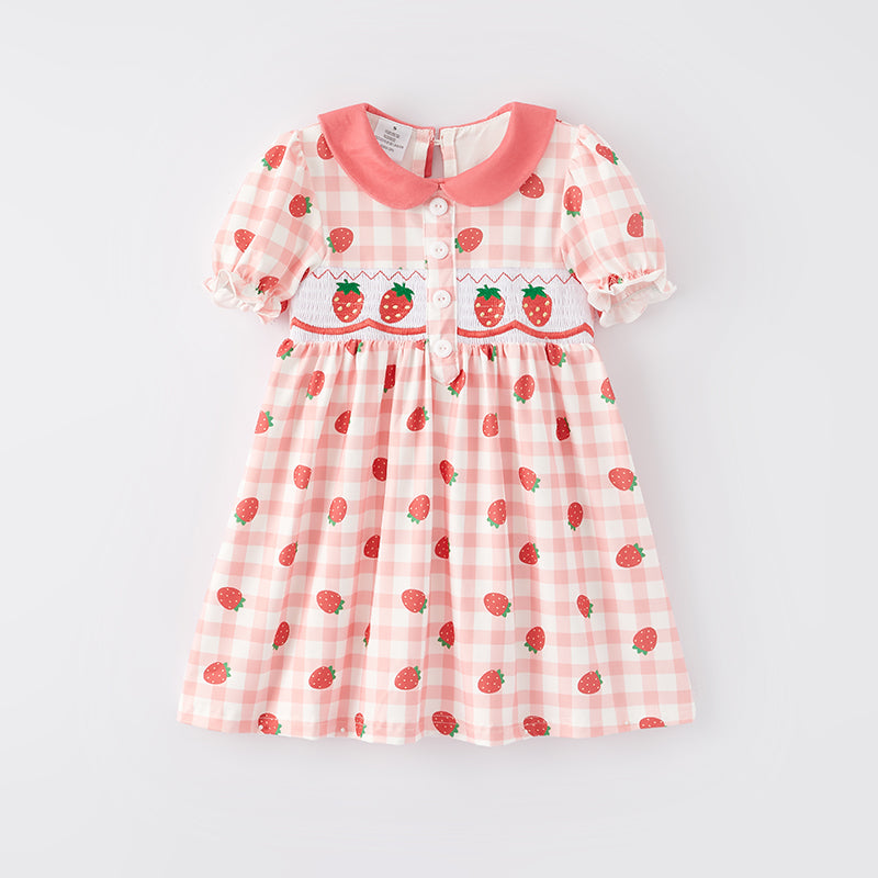 （In Stock E14-4-3）Girls Spring Strawberry Embroidery Smocked Dress