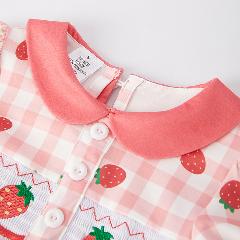 （In Stock E14-4-3）Girls Spring Strawberry Embroidery Smocked Dress