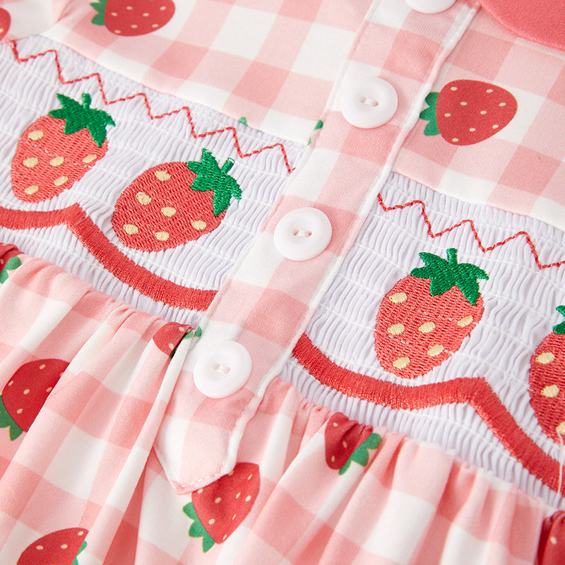 （In Stock E14-4-3）Girls Spring Strawberry Embroidery Smocked Dress