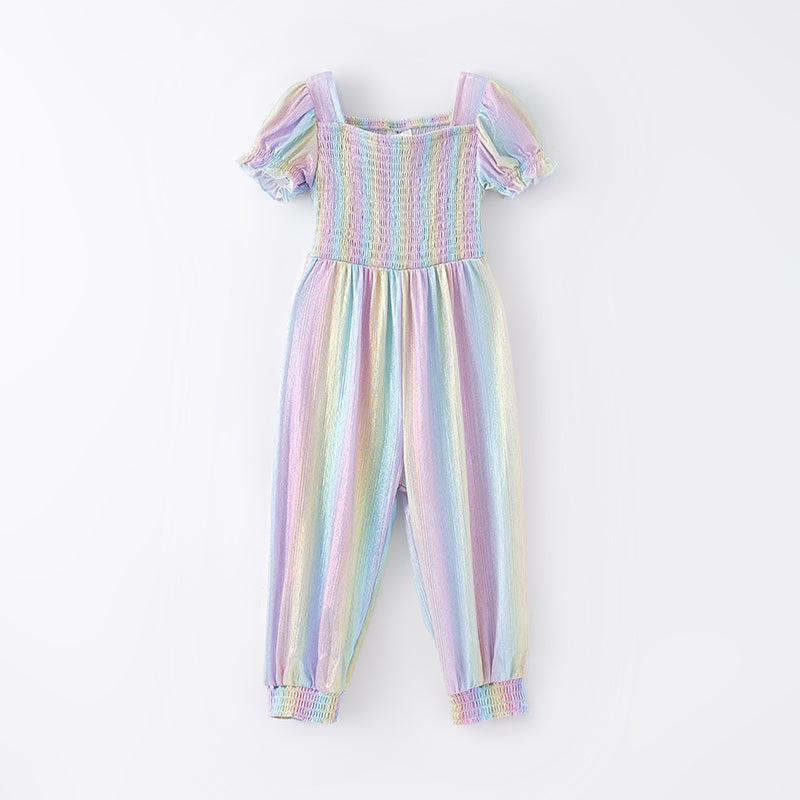 （In Stock A2-7-1）Girls Spring Rainbow Laser Smock Jumpsuit