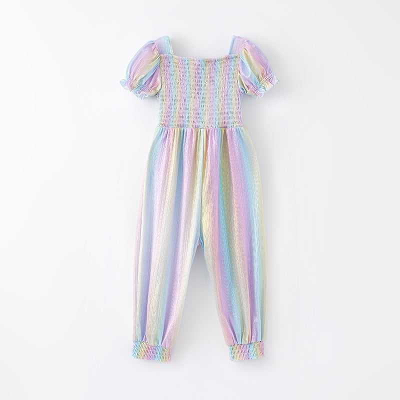 （In Stock A2-7-1）Girls Spring Rainbow Laser Smock Jumpsuit