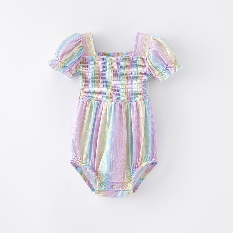 （In Stock A1-3-1）Baby Girls Spring Rainbow Laser Smock Romper