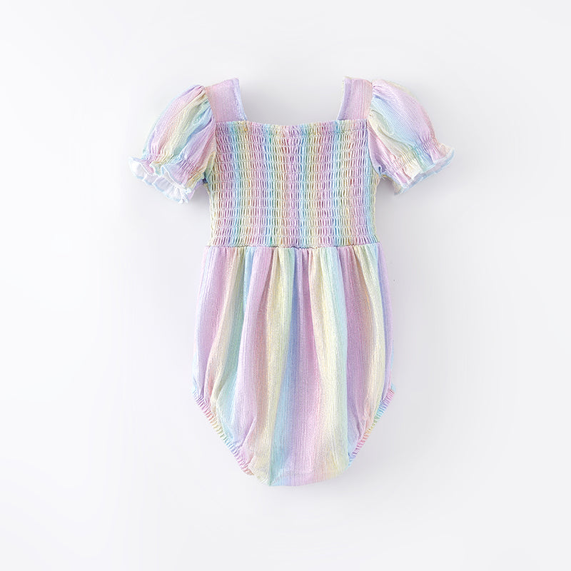 （In Stock A1-3-1）Baby Girls Spring Rainbow Laser Smock Romper