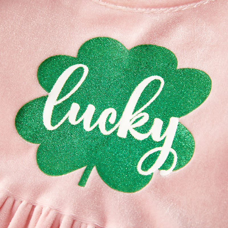 （In Stock G25-2-3）Girls St.Patrick's Day Shamrock Print Velvet Dress