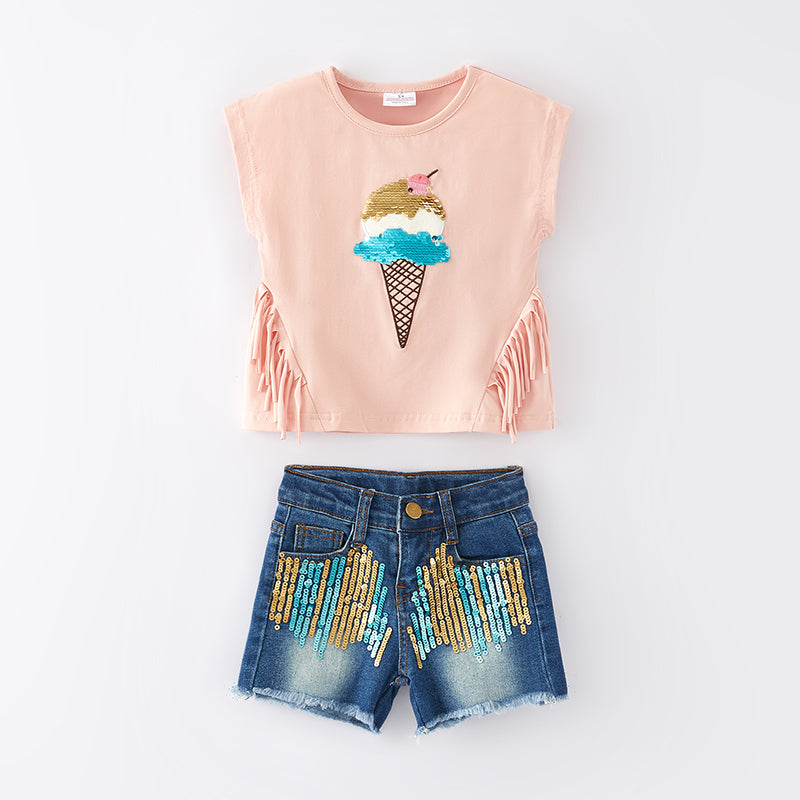 （In Stock E26-5-1）Girls Spring and Summer Ice Cream Sequin Denim Short Set