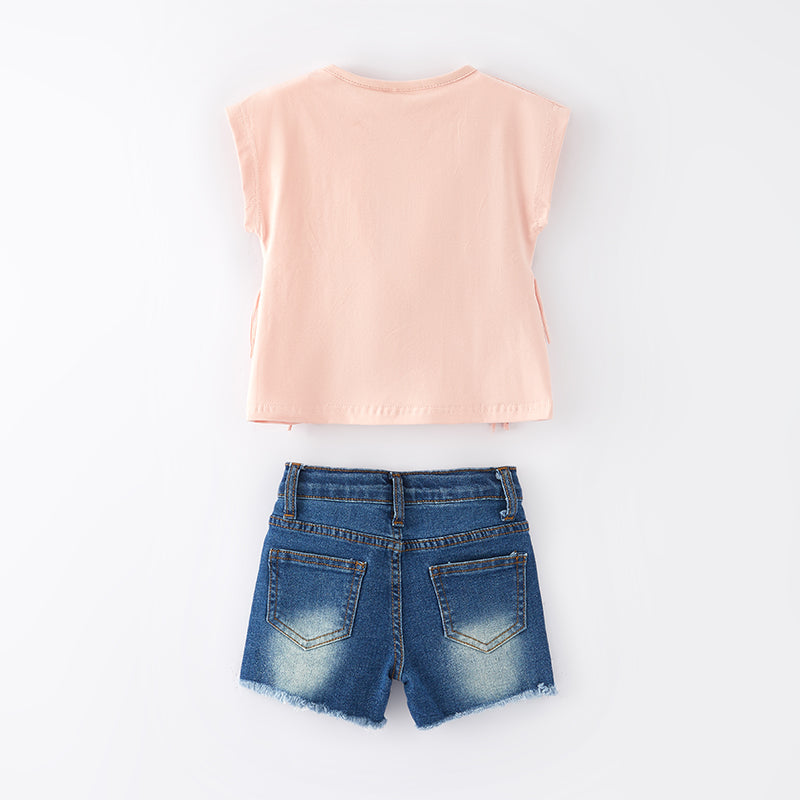 （In Stock E26-5-1）Girls Spring and Summer Ice Cream Sequin Denim Short Set