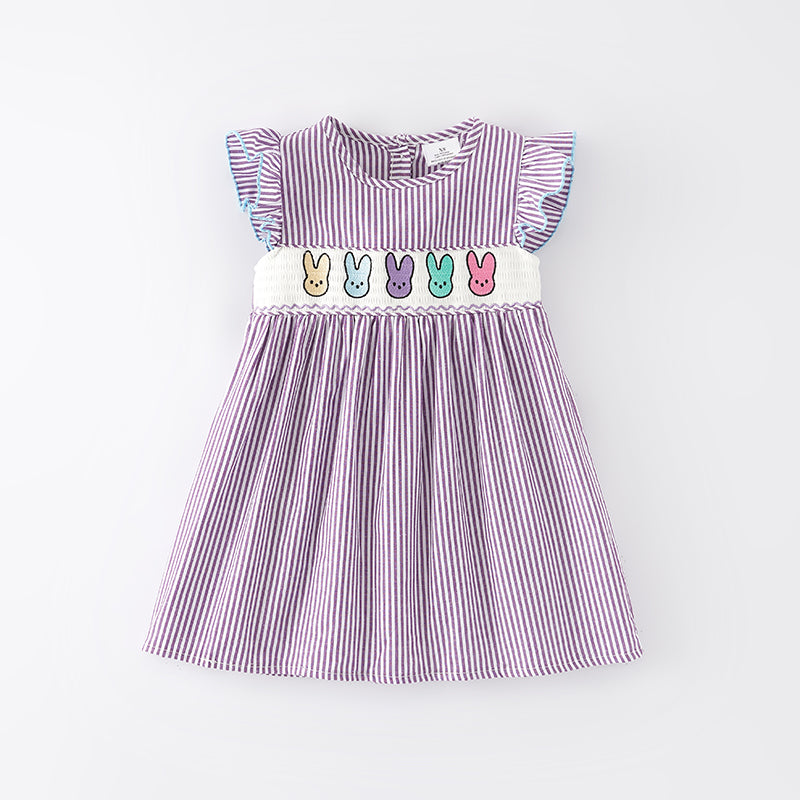 （In Stock E5-3-2）Girls Easter Bunny Embroidery Smocked Cotton Dress