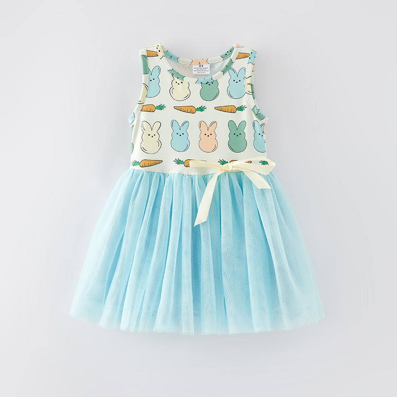 （In Stock E13-1-2）Girls Easter Bunny Print Tulle Dress