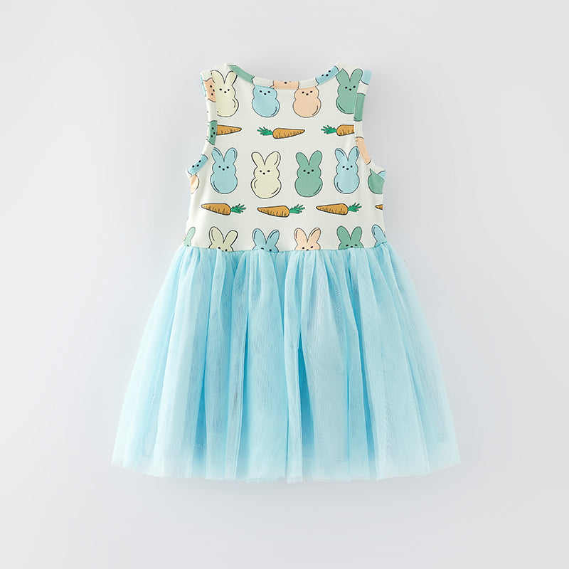 （In Stock E13-1-2）Girls Easter Bunny Print Tulle Dress