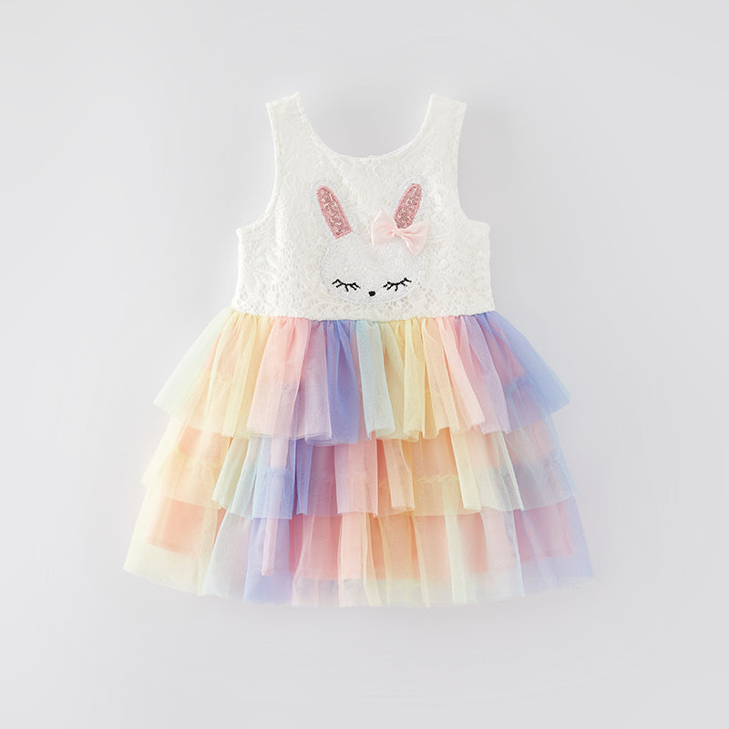 （In Stock E13-3-3）Girls Easter Bunny Applique Lace Tulle Dress