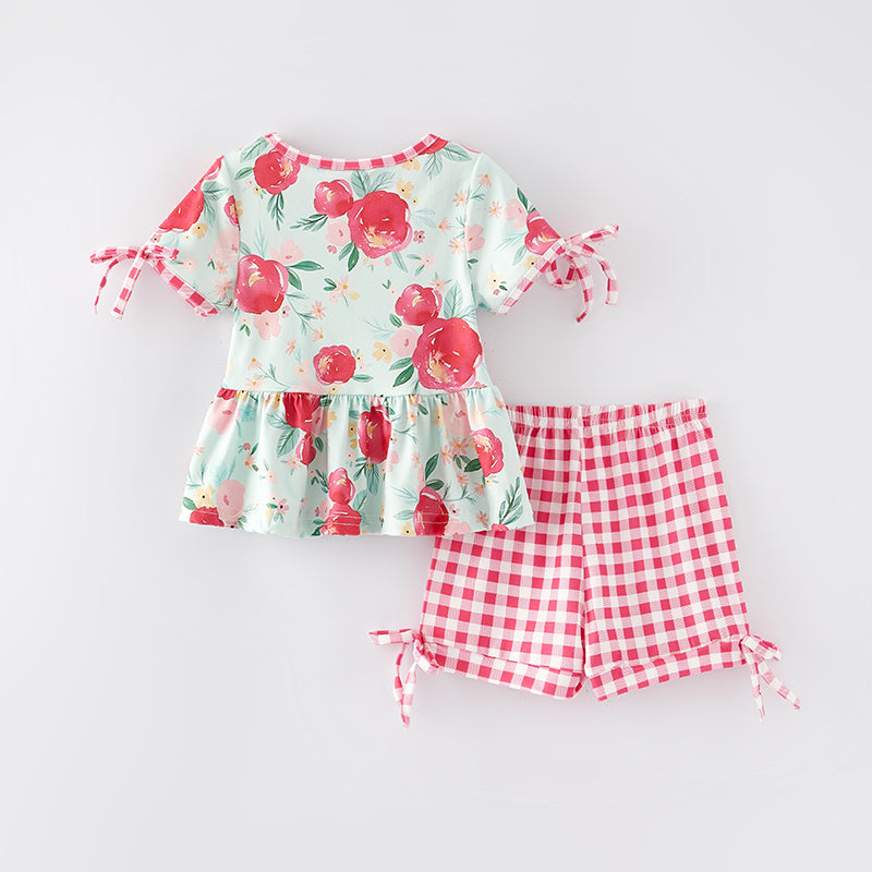 （In Stock L9-4-2）Girls Spring and Summer Floral Print Short Set