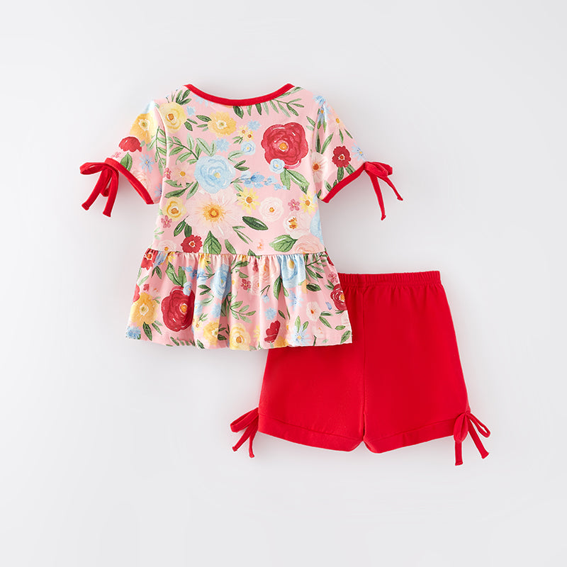 （In Stock L9-2-2）Girls Spring and Summer Floral Print Short Set