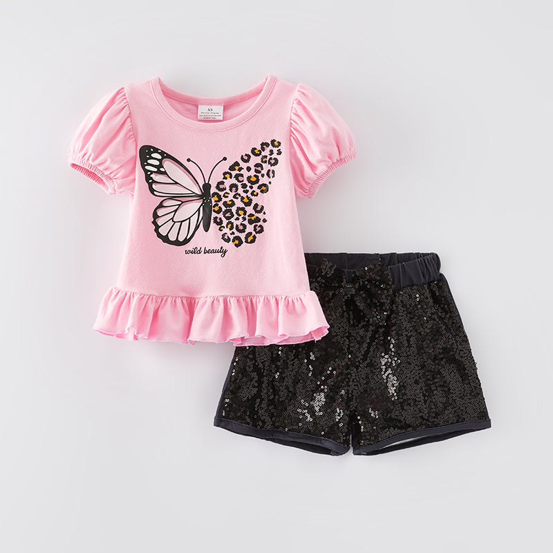 （In Stock L9-2-3）Girls Spring and Summer Butterfly Print Sequin Short Set