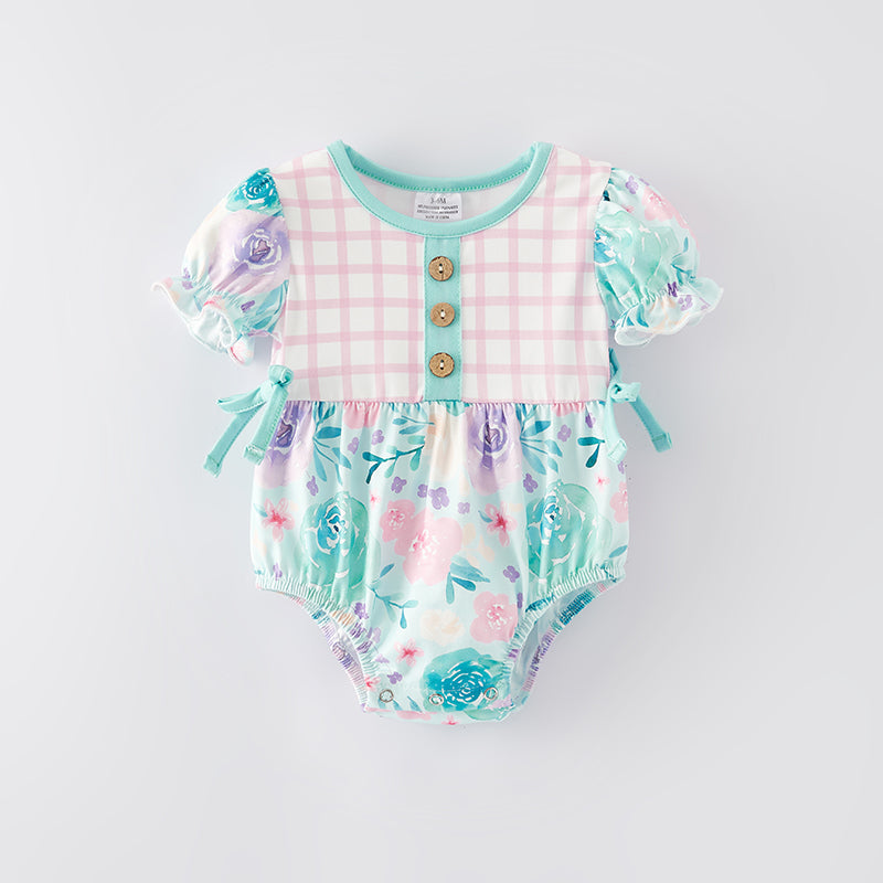 （In Stock E30-1-3）Baby Girls Spring and Summer Cyan Floral Print Romper