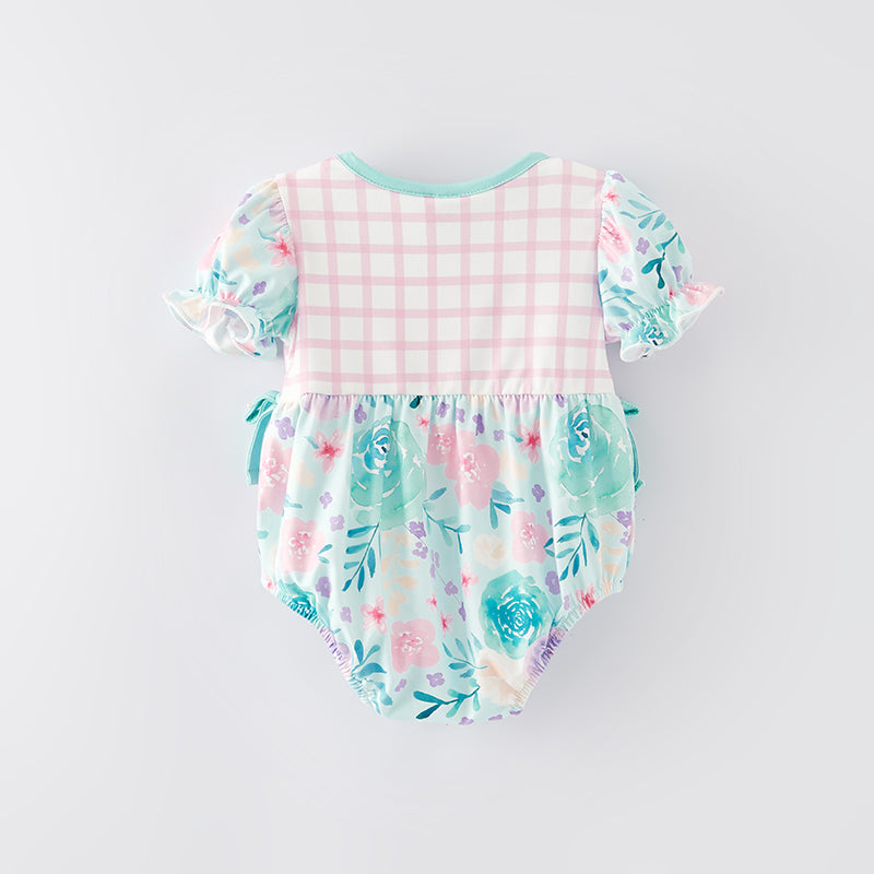 （In Stock E30-1-3）Baby Girls Spring and Summer Cyan Floral Print Romper