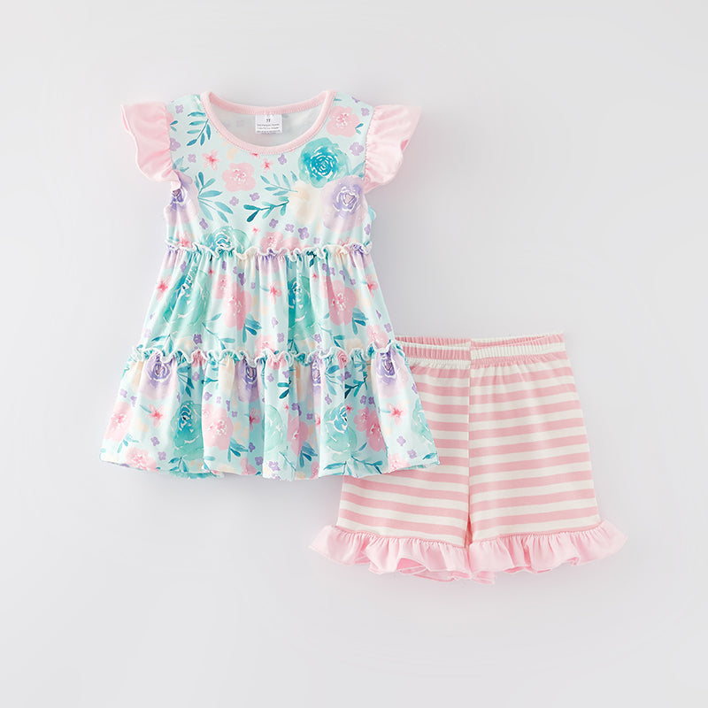 （In Stock E29-4-3）Girls Spring and Summer Cyan Floral Print Shorts Set