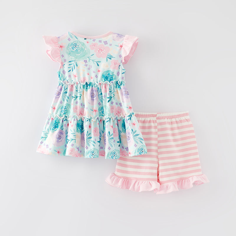 （In Stock E29-4-3）Girls Spring and Summer Cyan Floral Print Shorts Set