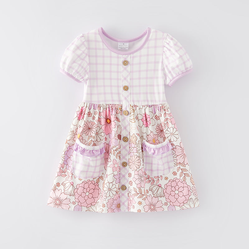 （In Stock E30-3-3）Girls Spring and Summer Pink Floral Print Dress