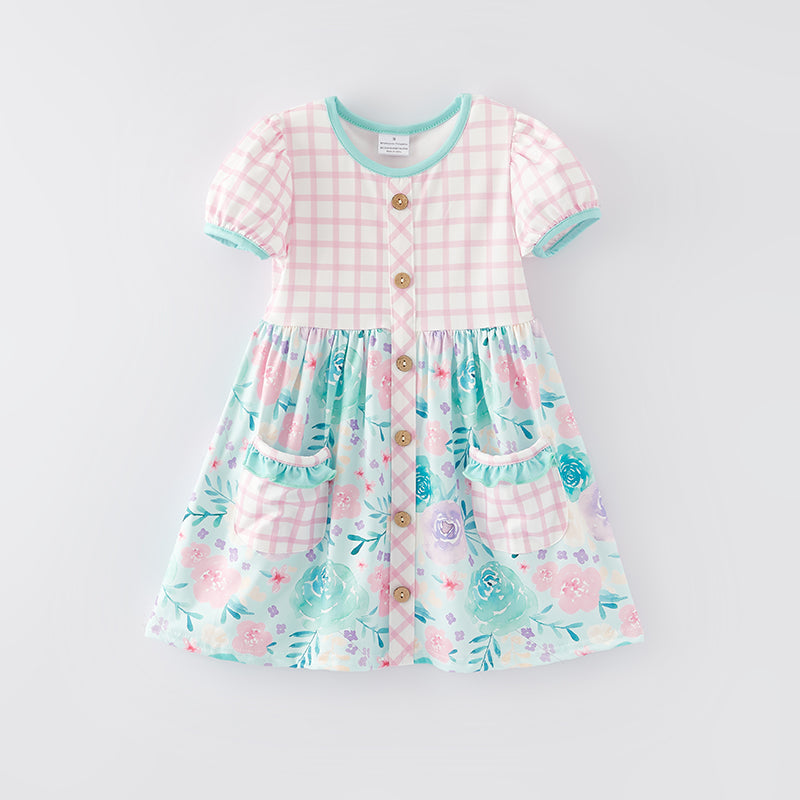 （In Stock E30-1-3）Girls Spring and Summer Cyan Floral Print Dress