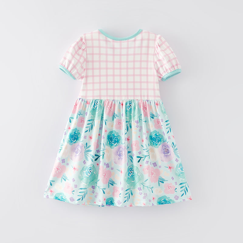 （In Stock E30-1-3）Girls Spring and Summer Cyan Floral Print Dress