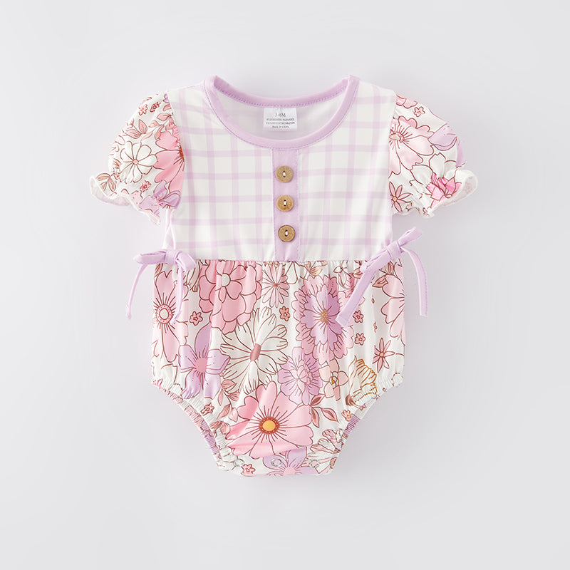 （In Stock E29-4-3）Baby Girls Spring and Summer Pink Floral Print Romper