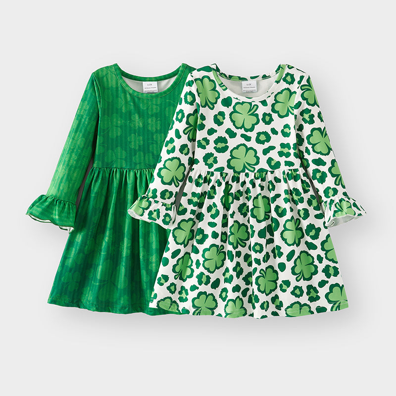 （In Stock A3-4-3）Girls St.Patrick's Day Shamrock Print Dress 2pcs