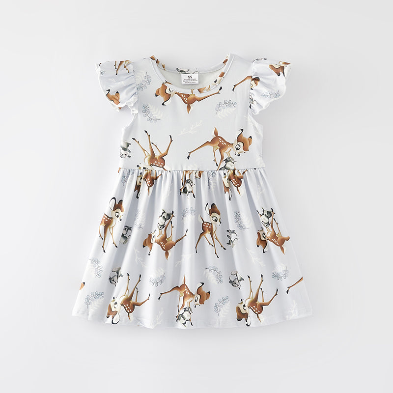 （In Stock）Girls Spring and Summer Deer Print Flying Sleeve Dress