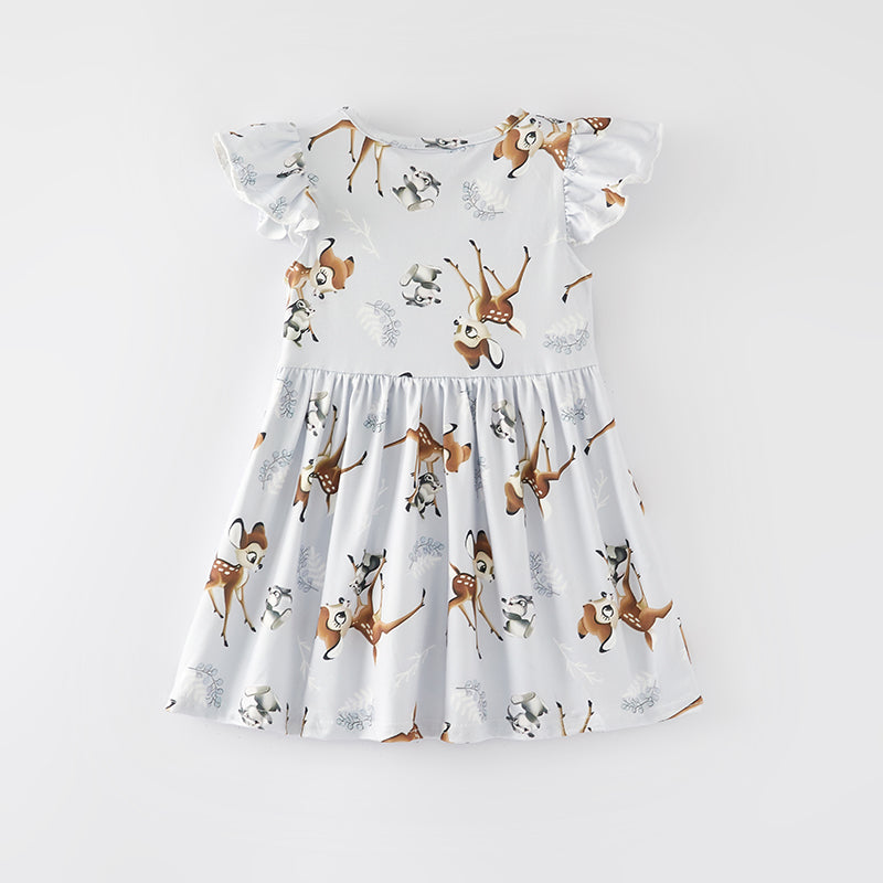 （In Stock）Girls Spring and Summer Deer Print Flying Sleeve Dress