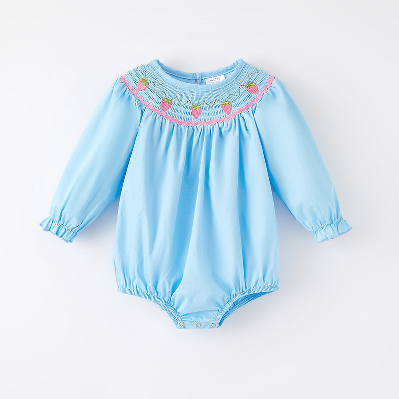 （In Stock）Baby Girls Spring Strawberry Embroidery Smocked Romper