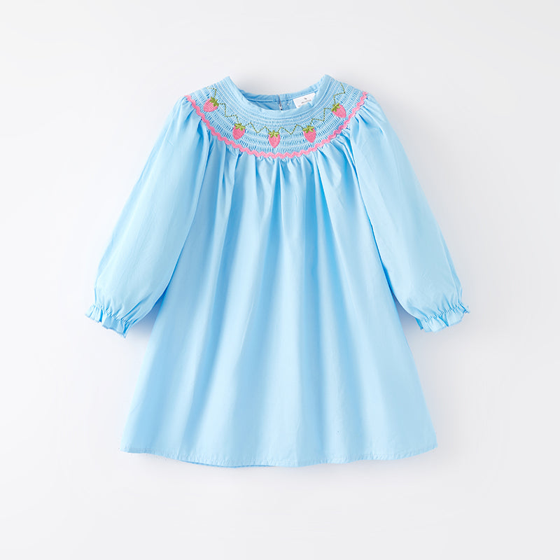 （In Stock）Girls Spring Strawberry Embroidery Smocked Dress